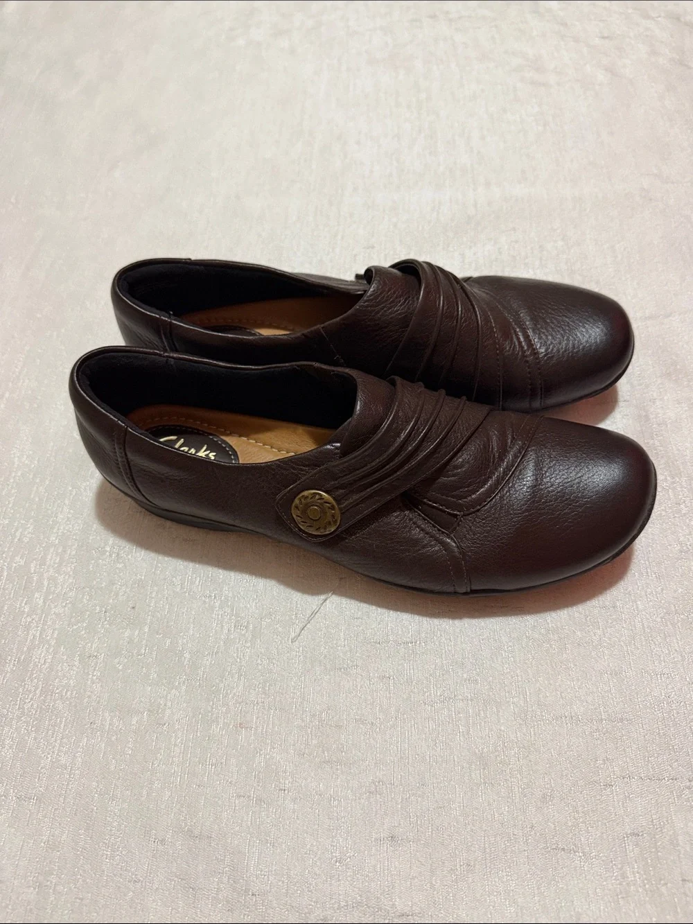 Clarks Brown Leather Slip-On Loafers with Decorative Button